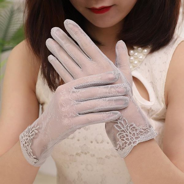 

five fingers gloves summer sunscreen female long lace outdoor cycling non-slip thin touch screen silk mobile game j50, Blue;gray