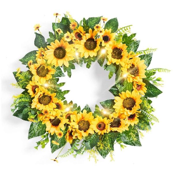 

decorative flowers & wreaths sunflower for front door decor 18inch artificial summer wreath with green leaf, large lighted spring