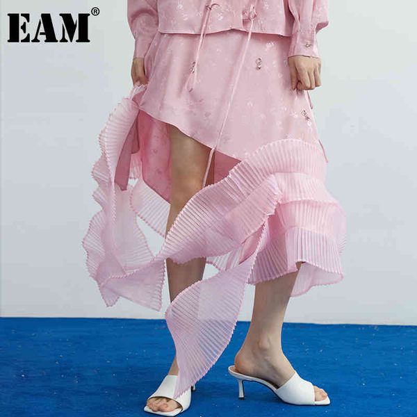 

[eam] high elastic waist pink ruffle irregular print spliced half-body skirt women fashion spring summer 1dd7422 210512, Black