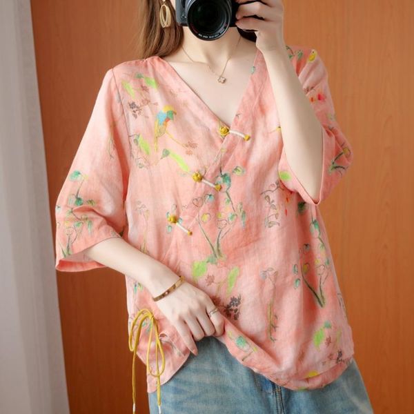 

women's blouses & shirts cotton t-shirt in the summer western style v-neck shirt sleeve printed xiejin show thin ramie leisure coat, White