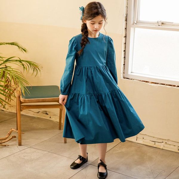 

spring simple solid color round neck long sleeve dress casual princess children 12 14 years girl's dresses, Red;yellow