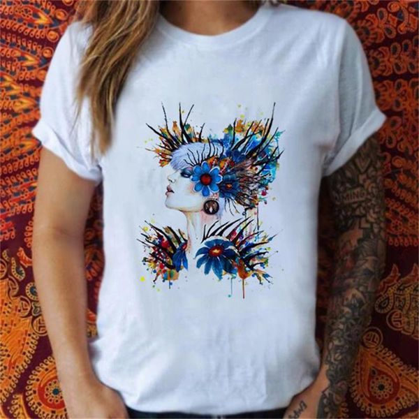 

women's t-shirt womens summer vintage flowers printing pattern casual short sleeve fashion plus size t-shirts for women ropa mujer, White