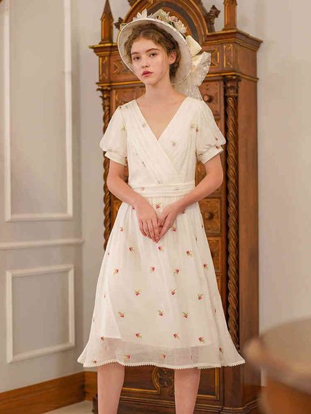 

casual dresses women summer white midi ladies vintage elegant mori girls flower embroidery sweet v-neck femme formal long iao7, Black;gray