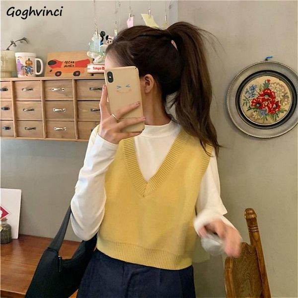 

women's vests sweater vest women v-neck loose solid color korean all-match chic leisure teens ins sleeveless womens fashion ulzzang fre, Black;white
