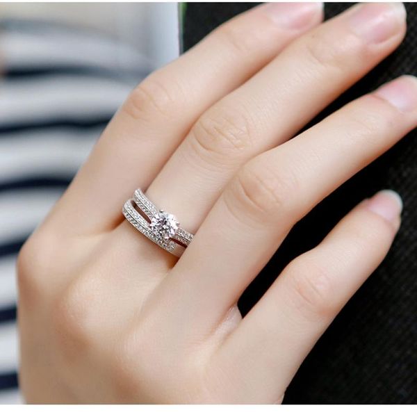 

wedding rings 925 silver shining zircon ring set, women set sparkling perfect round cut stone female party jewelry, Slivery;golden