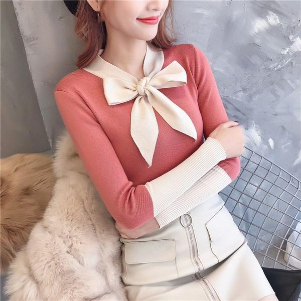 

women's sweaters 2021 women fashion bow tie neck knitted autumn patchwork sweater pullovers femme long sleeve slim jumper pull, White;black