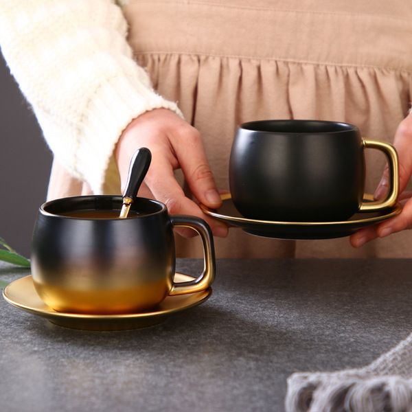 Luxus Schwarz Gold Marmor Keramik Kaffeetassen Kondensierte Kaffeetasse Café Frühstück Milch Tassen Untertasse Anzug mit Teller Löffel Set