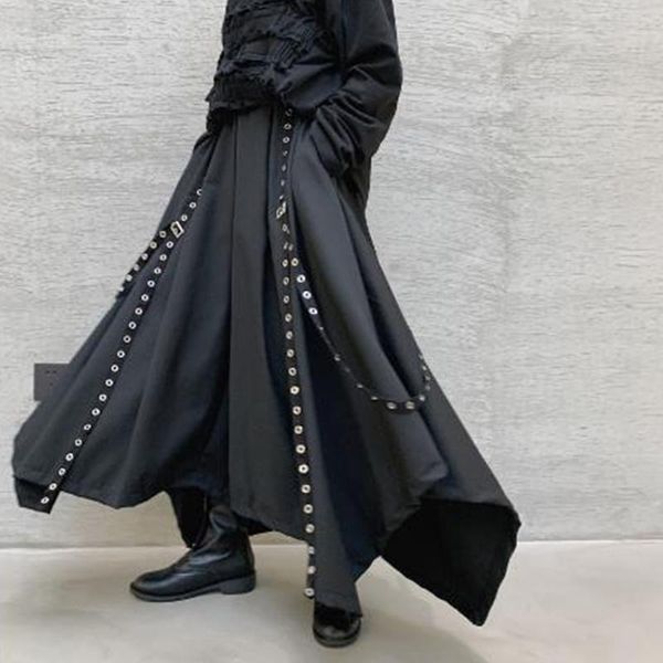 

men's pants shzq men ribbon dark black wide leg male women japan punk gothic harem trousers kimono skirt