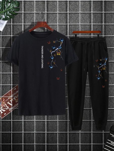

men letter and butterfly print tee & drawstring waist sweatpants a5vs#, Gray