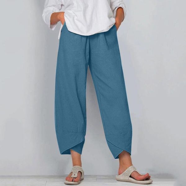 

women's pants & capris casual harem women solid color cotton linen wide leg trousers summer elastic waist plus size loose comfortable d, Black;white