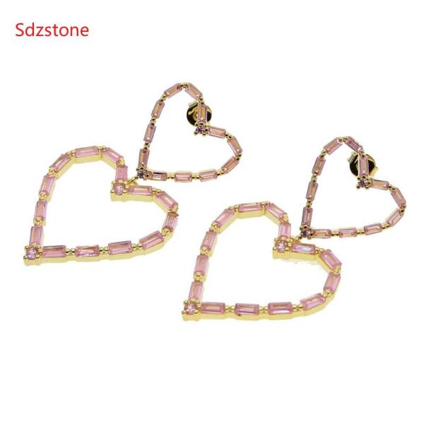 

dangle & chandelier gold color with full pink zircon earrings two double heart for women gift 40*25mm, Silver
