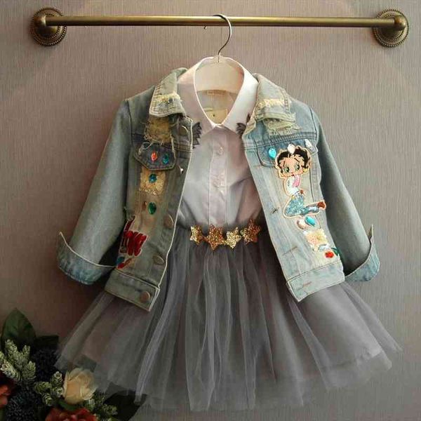 

2-7 years girls denim jackets toddler kids baby girl coat spring autumn clothes children cartoon floral jacket coat outwear, Blue;gray