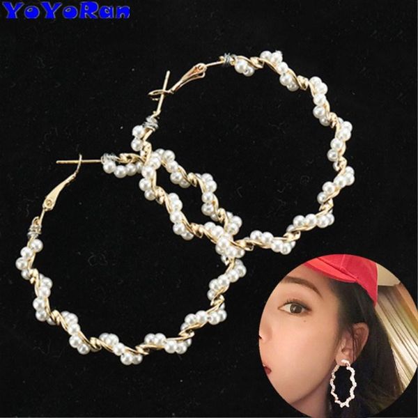 

5.2cm big pearl winding hoop earrings for woman circle round bead ear loop earring beaded jewelry gift lady & huggie, Golden;silver