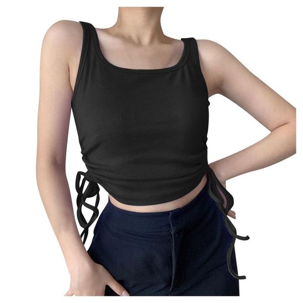 

solid color print pleated drawstring crop women summer sleeveless cute camis ladies backless casual mini vest fashion p5 women's tanks, White