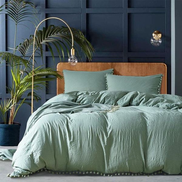 

bedding sets 3pcs/set light grey set cover ball fringe home textile solid color soft microfiber comforter