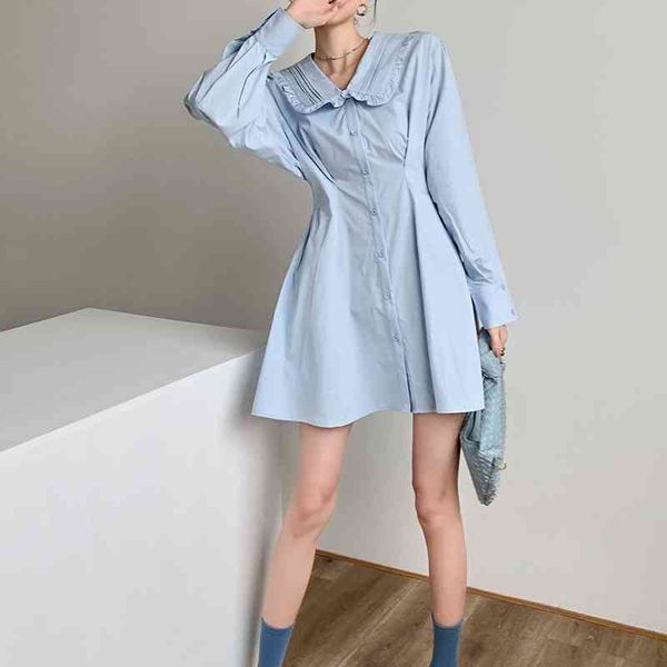 

casual dresses peter pan collar light blue button up women long sleeve a line tunic mini korean fashion clothing ftcs, Black;gray