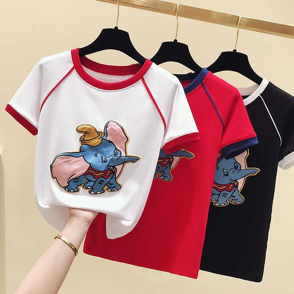 Weißes T-Shirt Frauen Kawaii Kleidung Sommer Kurzarm Rot Baumwolle T-Shirt Frauen Tops Applikation Elefant T-Shirt Femme 210604