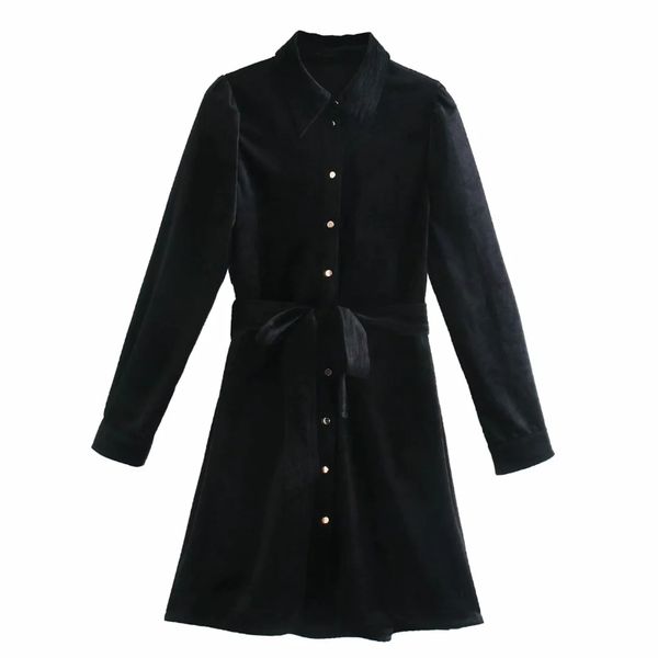 

women turndown collar sashes velvet mini shirt dress female long sleeve clothes vintage loose vestido d6895 210430, Black;gray