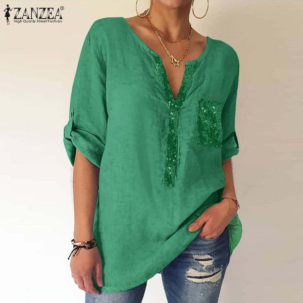 

women's blouses & shirts casual long sleeve blouse women elegant v neck sequins patchwork shirt autumn holiday party cotton chemise o, White