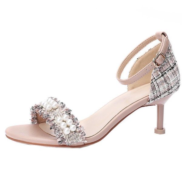 

women sandals summer brand woman pumps rhinestones silk buckle strap 6.2cm thin high heels round toe shallow cover heel black