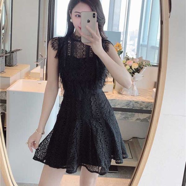 

runway desigher hollow out dress women ruffles mini lace stand neck sleeveless crochet black 210529, Black;gray