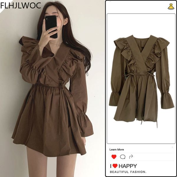 

casual dresses spring autumn fenimine vestidos women v neck solid rerto vintage cute sweet chic a line ruffled mini qt10, Black;gray