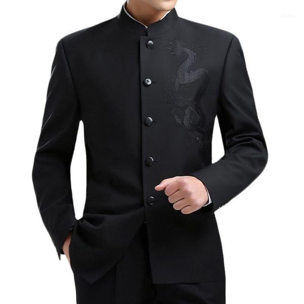 

men's suits & blazers dragon embroidery men chinese style tunic suit jacket mandarin stand collar 2021 uniform coat single breasted, White;black