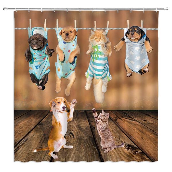 

funny dog cat shower curtain decor puppy and kitten hanging on the clothesline animal lovers wooden board brown fabric bath