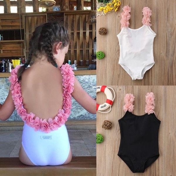 

one-pieces 2-7y baby girl summer swimwear children solid color bathing suit toddlers girl's backless with flower shoulder straps swimsu, Black