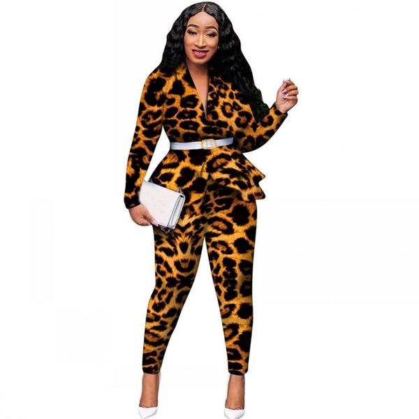 

two piece dress leopard printed elegant set ruffles spliced long sleeve and bodycon pants women sets office ladies fall outfits, White