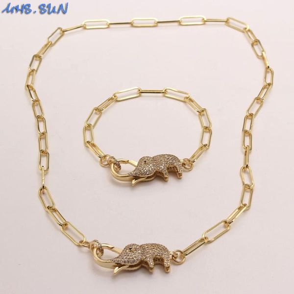 Orecchini Collana MHS.SUN Moda Zircone Elefante Braccialetti con ciondolo Donna Vintage Catena robusta Set di gioielli Accessori per ragazze di lusso CZ