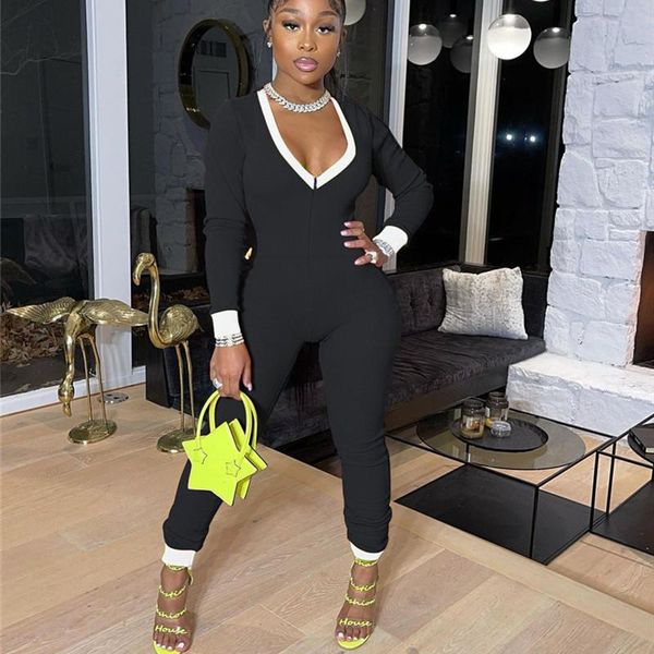 

solid color long sleeve deep v bodycon rompers womens jumpsuit sport suit fashion pants overalls fitness set women's jumpsuits, Black;white