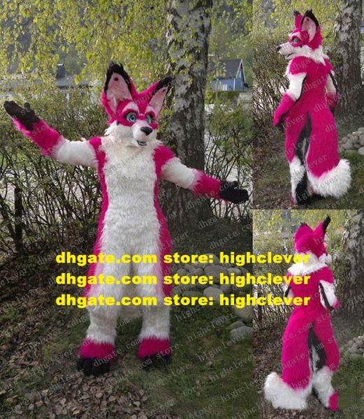 

pink white long fur furry wolf fox husky dog fursuit mascot costume alaskan mascotte costumes character suit hilarious funny cut the ribbon, Red;yellow