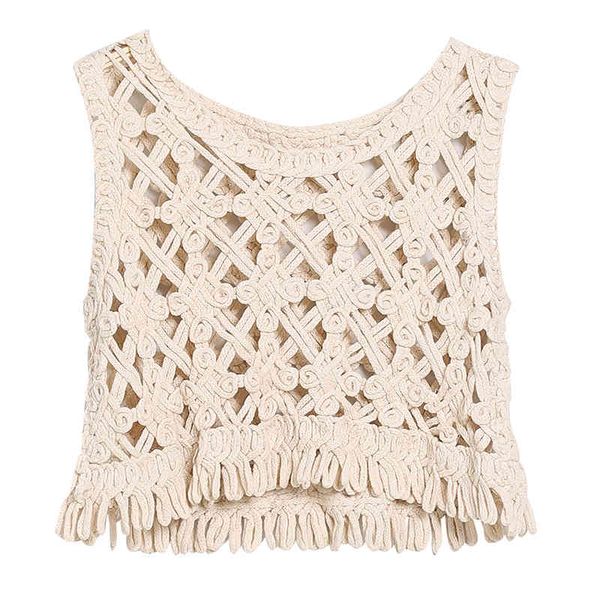 

white beige weave hollow out tassel tank sleeveless o neck summer solid bohemian boho beach b0131 210514