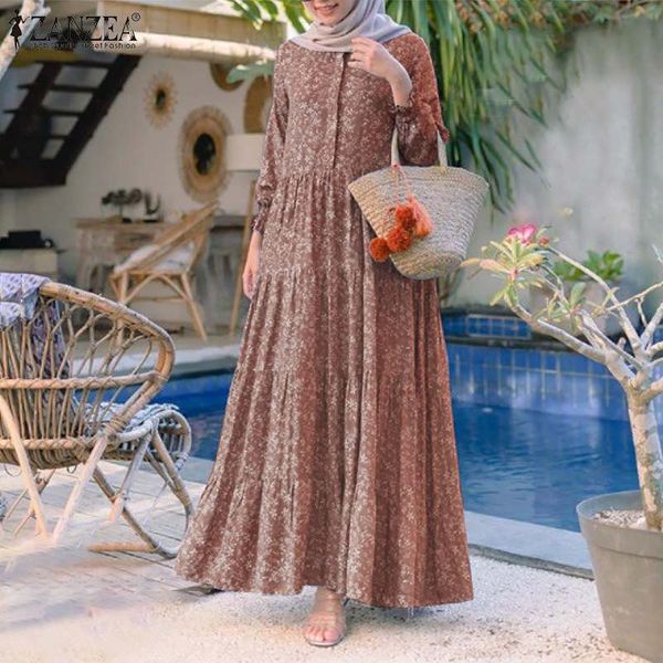 

womens muslim dress zanzea retro floral print abaya fashion rayon long vestidos casual loose ruffle dresses sarafans, Red