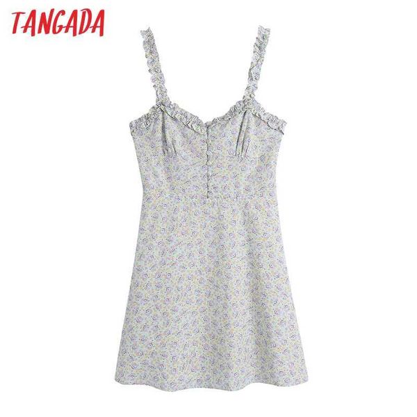 

tangada women chic fashion buttons floral print summer mini dress vintage back elastic ruffled straps female dresses be547 210609, Black;gray