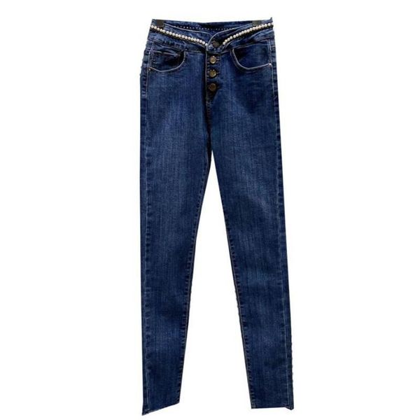 

women's jeans 2021 autumn small fragrance wind pearl beaded waist elastic slim wash women fashion denim pencil pants s1668, Blue
