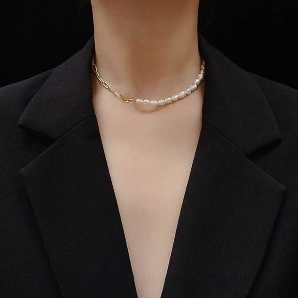 

chains 316l stainless steel simple pearl box splicing clavicle chain charm choker necklace for women fashion fine jewelry san861, Silver