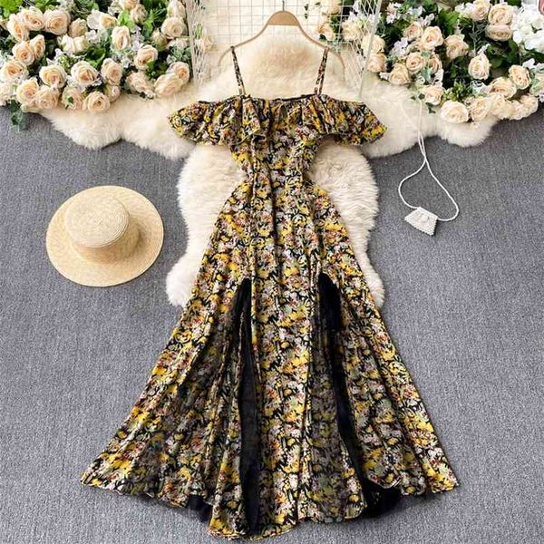 

spring temperament fashion floral vestidos feminine strapless slim slimming midi dress with ruffles c548 210507, Black;gray