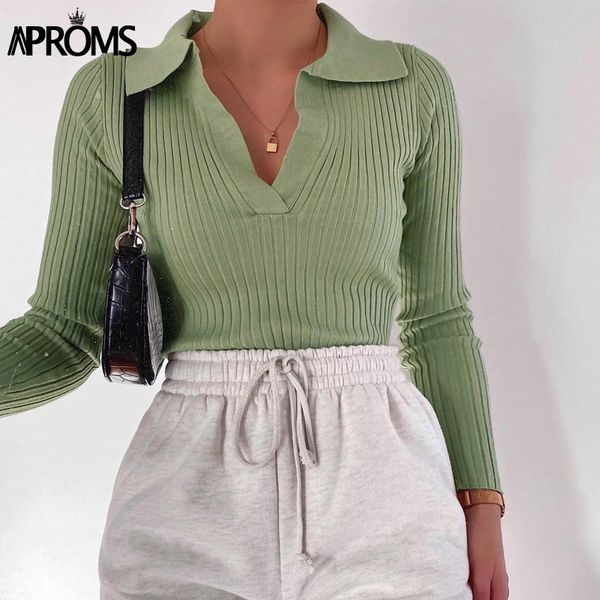 

aproms vintage candy color v-neck ribbed knitted sweaters women long sleeve soft bodycon pullovers 2021 spring stretch jumpers, Black