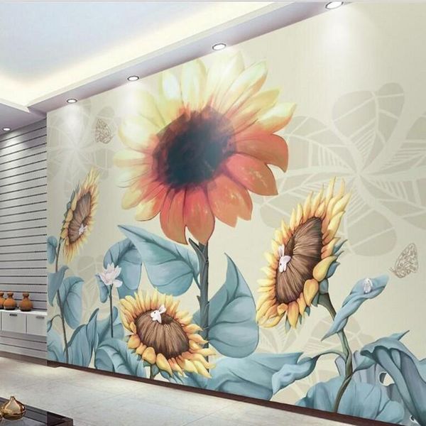 

shuhiko custom large fresco hand painted retro sunflower tv backdrop environmental wallpaper papel de parede para quarto wallpapers