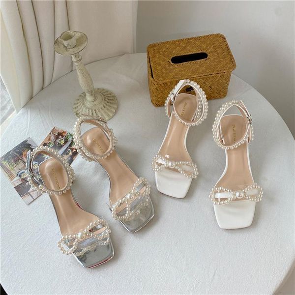 

dress shoes 2021 summer luxury women open toe pearl sandals designer white silver block medium high heels gladiator party, Black