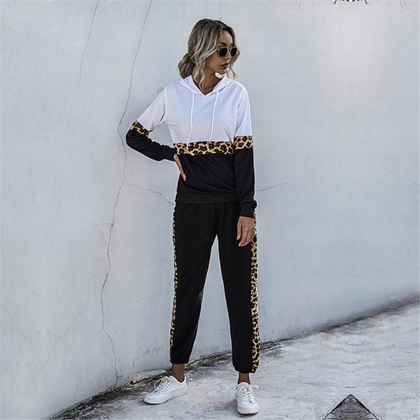 

running sets 2 pcs women leopard print sportswear long sleeve hoodie sweatpants workout set yoga fitness gym sports suits, Black;blue