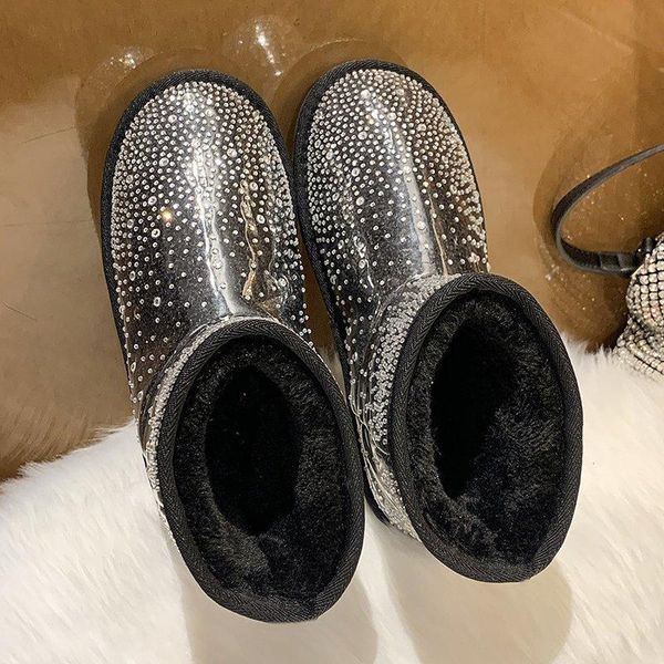 

boots waterproof pu leather winter ankle for women fashion crystal thick plush warm snow woman platform shoes, Black