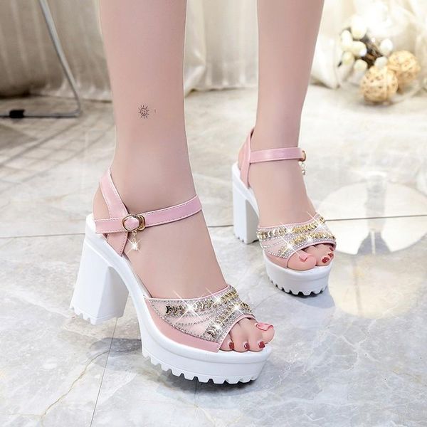 

dress shoes 2021 summer rhinestone fish mouth thick bottom sponge cake platform high heel with sandals women zapatos mujer, Black
