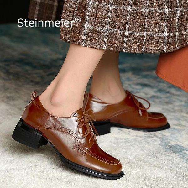

dress shoes women autumn chunky middle heel calf leather beige loafers laces retro round toe british style female 2022, Black