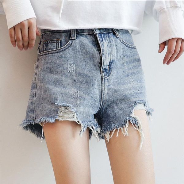 

women's jeans virite summer denim shorts ripped tassel hem women causal short female high waist jean streetwear, Blue