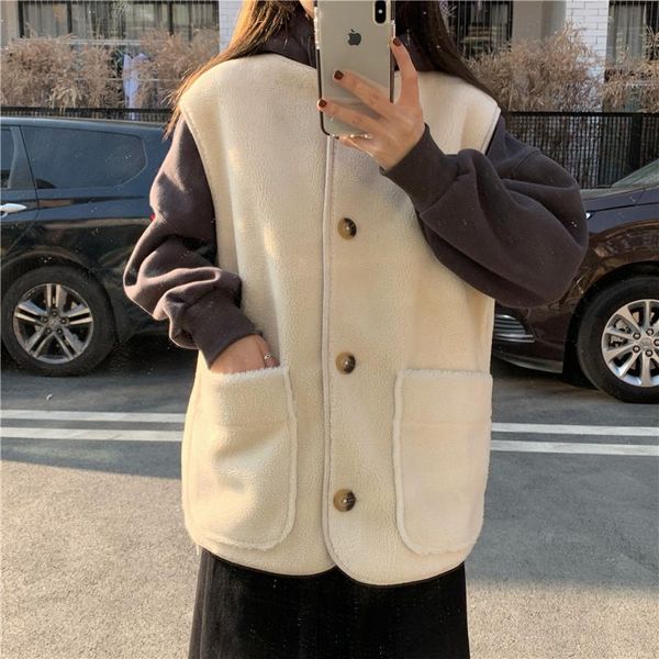 

women's vests lamb wool waistcoat loose jacket warm outside wear, Black;white
