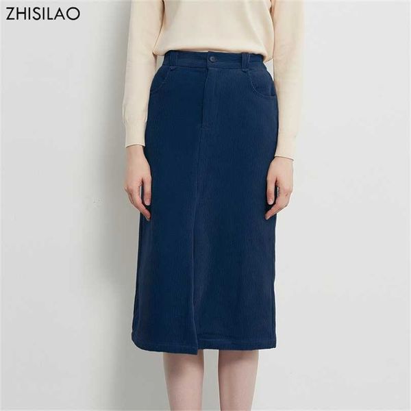 

zhisilao vintage corduroy bodycon skirt women elegant split fork high waist long midi autumn winter saias female 211119, Black