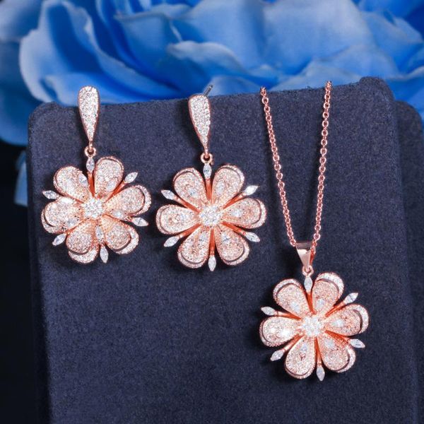 

earrings & necklace rose gold micro full cz cubic zircon pave setting big 3d flower pendant and set for women prom jewelry, Silver